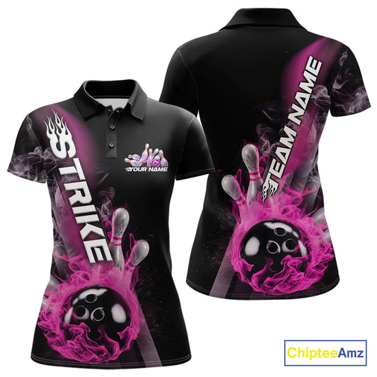 Custom Pink Flame Strike Bowling Team Polo Shirts For Women, Fire Bowling Jerseys IPHW9573
