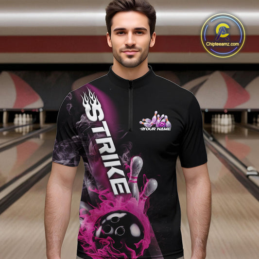 Custom Pink Flame Strike Bowling Team Quarter-Zip Shirts For Men, Fire Bowling Jerseys IPHW9573