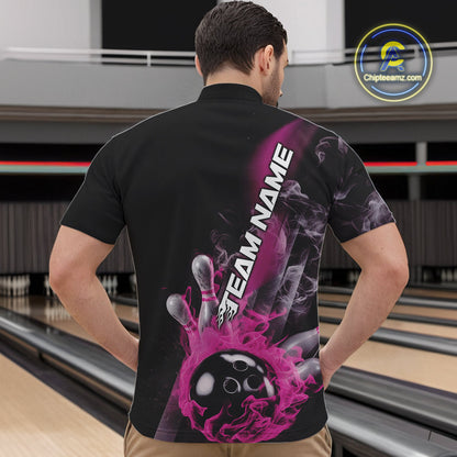 Custom Pink Flame Strike Bowling Team Quarter-Zip Shirts For Men, Fire Bowling Jerseys IPHW9573
