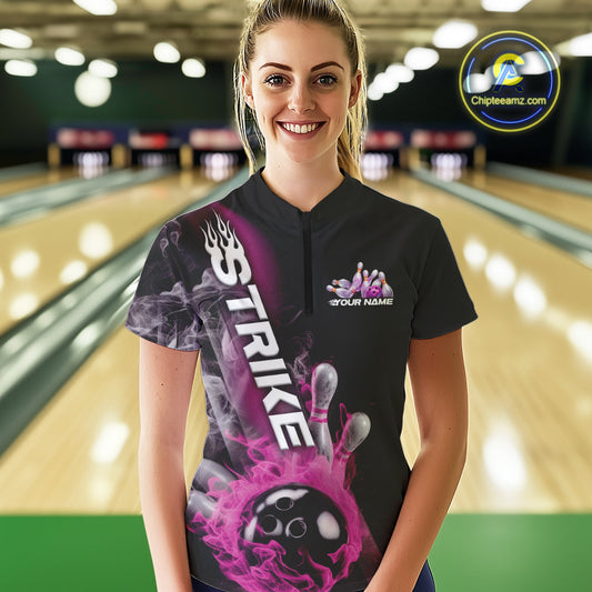 Custom Pink Flame Strike Bowling Team Quarter-Zip Shirts For Women, Fire Bowling Jerseys IPHW9573