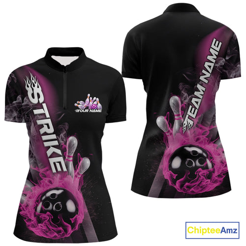 Custom Pink Flame Strike Bowling Team Quarter-Zip Shirts For Women, Fire Bowling Jerseys IPHW9573