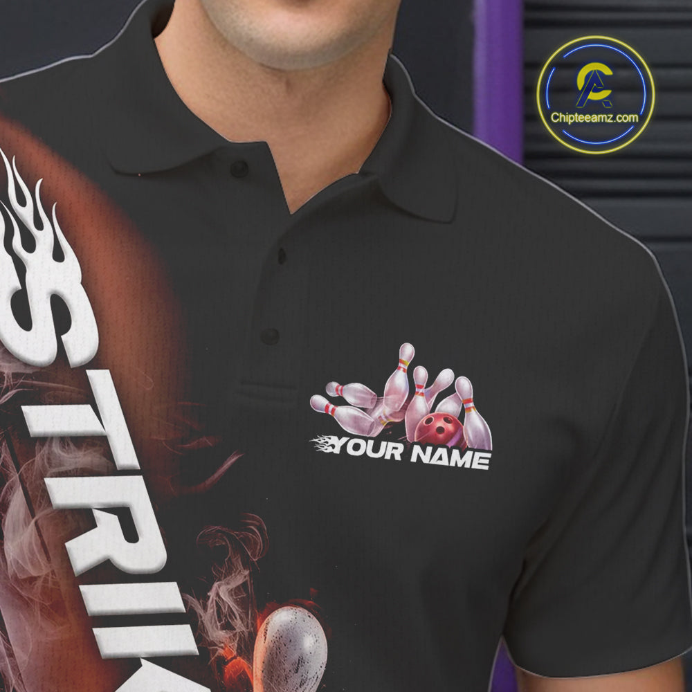 Custom Orange Flame Strike Bowling Team Polo Shirts For Men, Fire Bowling Jerseys IPHW9574