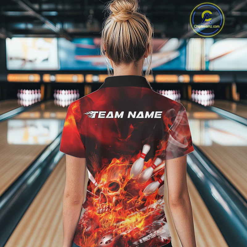 Custom Fire Flame Skull Bowling Polo Shirts For Women, Halloween Bowling Outfits IPHW9575
