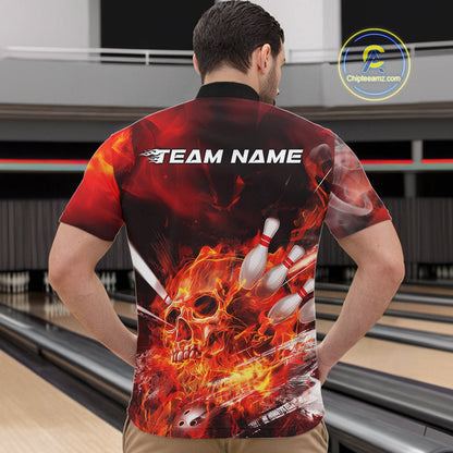 Custom Fire Flame Skull Bowling Quarter-Zip Shirts For Men, Halloween Bowling Outfits IPHW9575