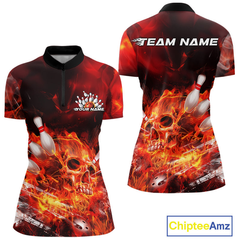 Custom Fire Flame Skull Bowling Quarter-Zip Shirts For Women, Halloween Bowling Outfits IPHW9575