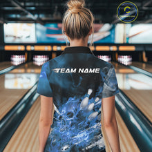 Load image into Gallery viewer, Custom Blue Fire Flame Skull Bowling Polo Shirts For Women, Halloween Bowling Outfits IPHW9576