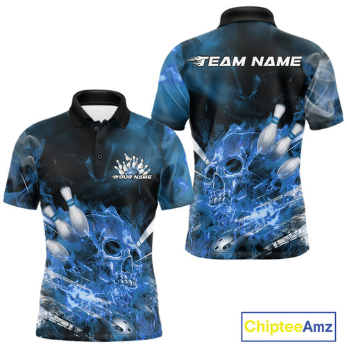Custom Blue Fire Flame Skull Bowling Polo Shirts For Men, Halloween Bowling Outfits IPHW9576