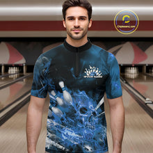 Load image into Gallery viewer, Custom Blue Fire Flame Skull Bowling Quarter-Zip Shirts For Men, Halloween Bowling Outfits IPHW9576