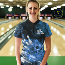 Load image into Gallery viewer, Custom Blue Fire Flame Skull Bowling Women Quarter-Zip Shirt, Halloween Bowling Outfits IPHW9576