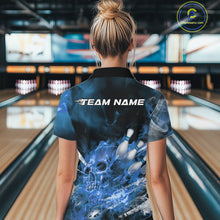 Load image into Gallery viewer, Custom Blue Fire Flame Skull Bowling Women Quarter-Zip Shirt, Halloween Bowling Outfits IPHW9576