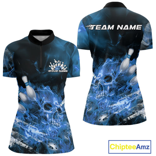 Custom Blue Fire Flame Skull Bowling Women Quarter-Zip Shirt, Halloween Bowling Outfits IPHW9576