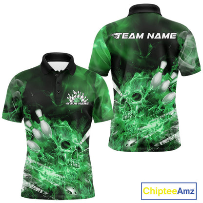 Custom Green Fire Flame Skull Bowling Polo Shirts For Men, Halloween Bowling Outfits IPHW9577