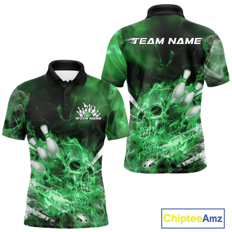 Custom Green Fire Flame Skull Bowling Polo Shirts For Men, Halloween Bowling Outfits IPHW9577