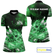 Load image into Gallery viewer, Custom Green Fire Flame Skull Bowling Women Quarter-Zip Shirt, Halloween Bowling Outfits IPHW9577