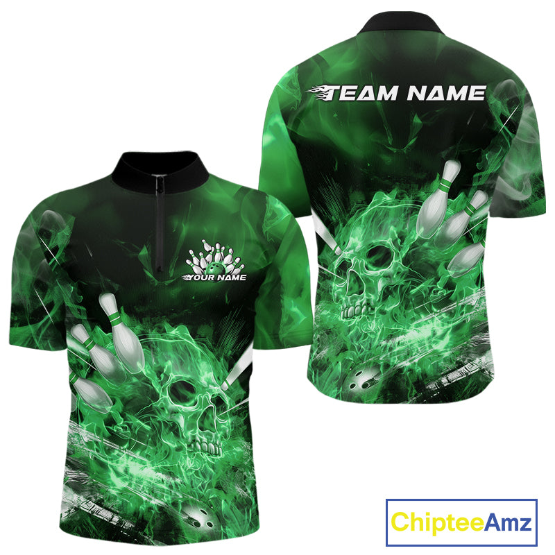 Custom Green Fire Flame Skull Bowling Quarter-Zip Shirts For Men, Halloween Bowling Outfits IPHW9577