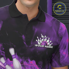 Load image into Gallery viewer, Custom Purple Fire Flame Skull Bowling Polo Shirts For Men, Halloween Bowling Outfits IPHW9578