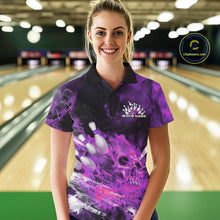 Load image into Gallery viewer, Custom Purple Fire Flame Skull Bowling Polo Shirts For Women, Halloween Bowling Outfits IPHW9578
