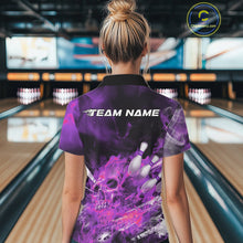 Load image into Gallery viewer, Custom Purple Fire Flame Skull Bowling Polo Shirts For Women, Halloween Bowling Outfits IPHW9578