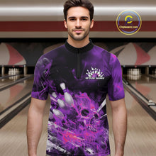 Load image into Gallery viewer, Custom Purple Fire Flame Skull Bowling Quarter-Zip Shirts For Men, Halloween Bowling Outfits IPHW9578