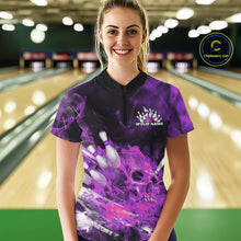Load image into Gallery viewer, Custom Purple Fire Flame Skull Bowling Women Quarter-Zip Shirt, Halloween Bowling Outfits IPHW9578