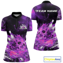 Load image into Gallery viewer, Custom Purple Fire Flame Skull Bowling Women Quarter-Zip Shirt, Halloween Bowling Outfits IPHW9578
