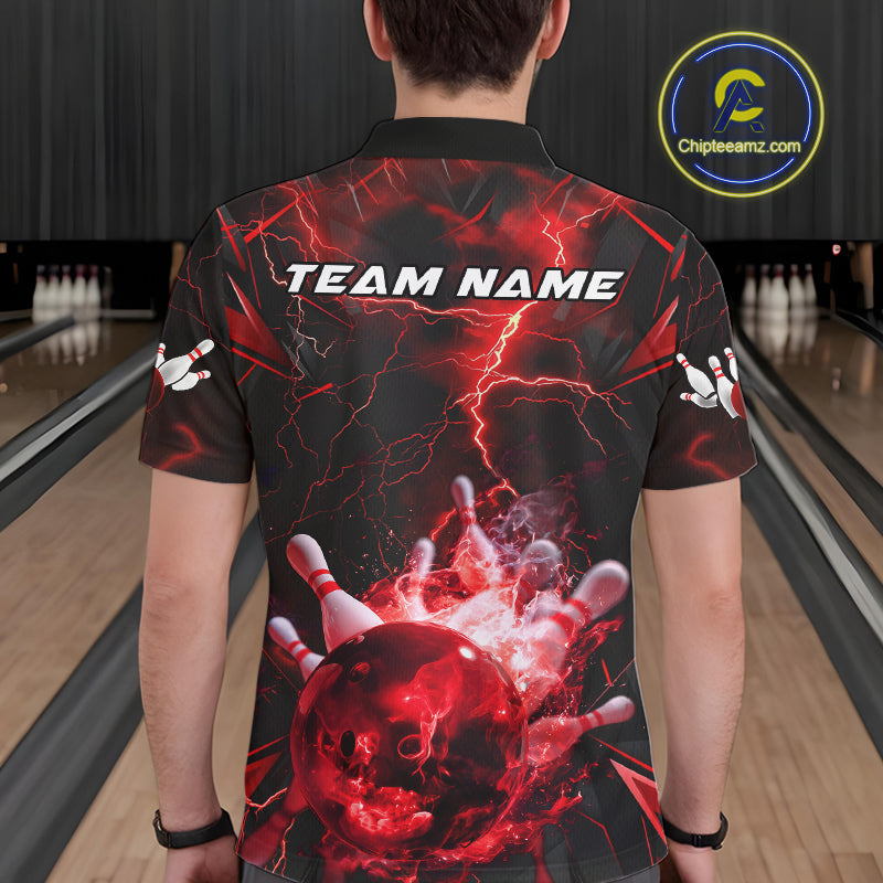 Custom Red Thunder Lightning Bowling Team Polo Shirts For Men, Red Bowling Jerseys IPHW9581