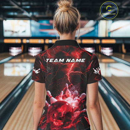 Custom Red Thunder Lightning Bowling Team Polo Shirts For Women, Red Bowling Jerseys IPHW9581