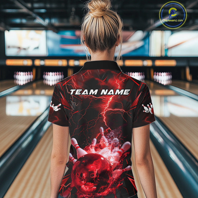 Custom Red Thunder Lightning Bowling Team Women Quarter-Zip Shirt, Red Bowling Jerseys IPHW9581