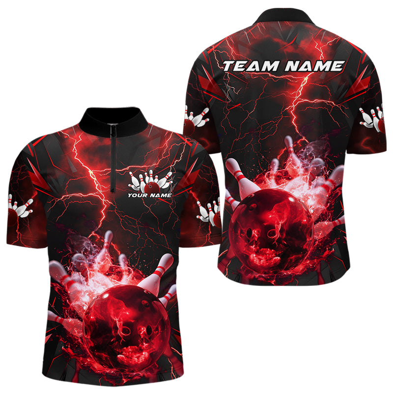 Custom Red Thunder Lightning Bowling Team Quarter-Zip Shirts For Men, Red Bowling Jerseys IPHW9581