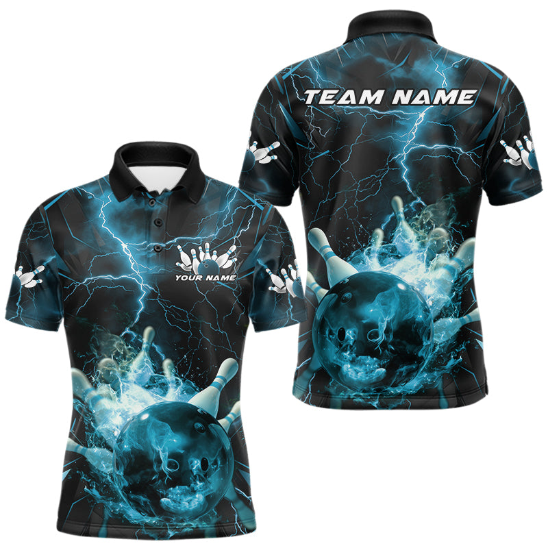 Custom Blue Thunder Lightning Bowling Team Polo Shirts For Men, Red Bowling Jerseys IPHW9582