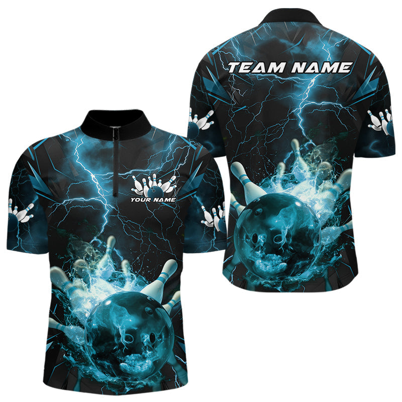 Custom Blue Thunder Lightning Bowling Team Quarter-Zip Shirts For Men, Red Bowling Jerseys IPHW9582