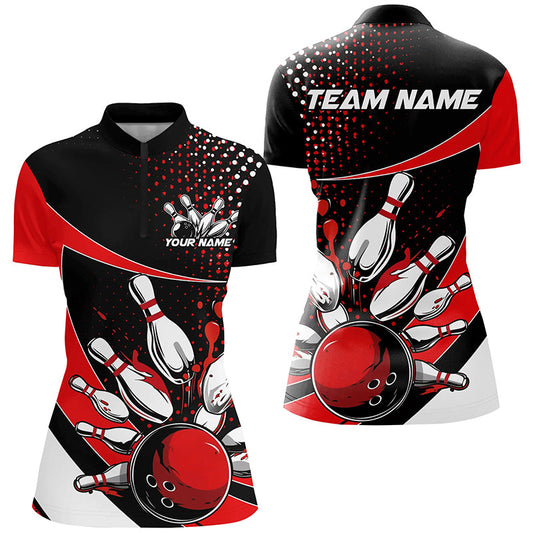 Black And Red Custom Bowling Uniforms Bowling Shirts For Women, Bowling Team League Shirts IPHW7282