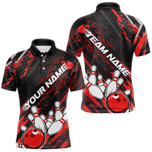 Load image into Gallery viewer, Grunge Black And Red Custom Flame Bowling Team Polo Shirts For Men, Bowling League Shirt IPHW8524