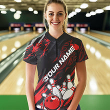 Load image into Gallery viewer, Grunge Black And Red Custom Flame Bowling Team Womens Quarter-Zip Shirts, Bowling League IPHW8524