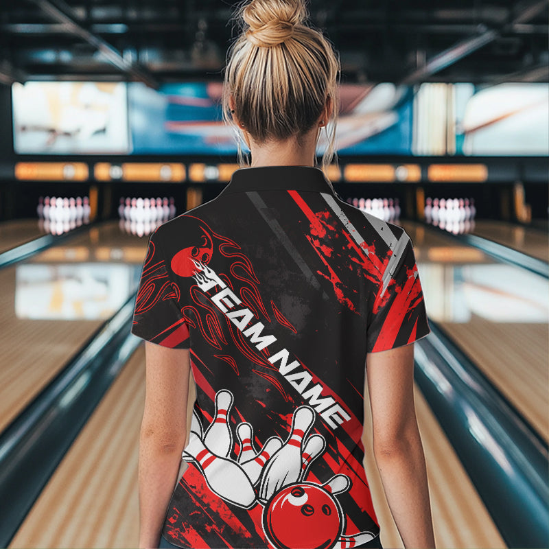 Grunge Black And Red Custom Flame Bowling Team Womens Quarter-Zip Shirts, Bowling League IPHW8524