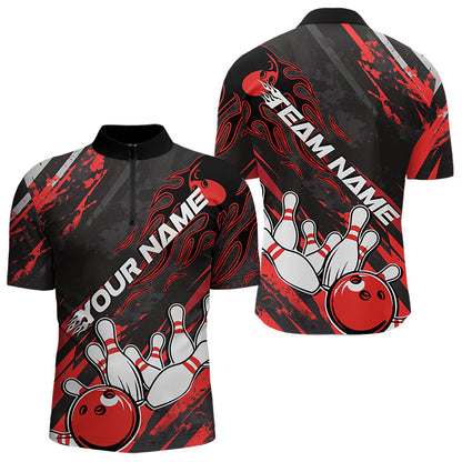 Grunge Black And Red Custom Flame Bowling Team Quarter-Zip Shirts For Men, Bowling League Shirt IPHW8524