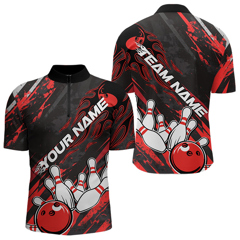 Grunge Black And Red Custom Flame Bowling Team Quarter-Zip Shirts For Men, Bowling League Shirt IPHW8524