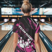 Load image into Gallery viewer, Grunge Black And Pink Custom Flame Bowling Team Polo Shirts For Women, Bowling League Shirt IPHW8525