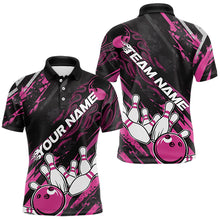 Load image into Gallery viewer, Grunge Black And Pink Custom Flame Bowling Team Polo Shirts For Men, Bowling League Shirt IPHW8525