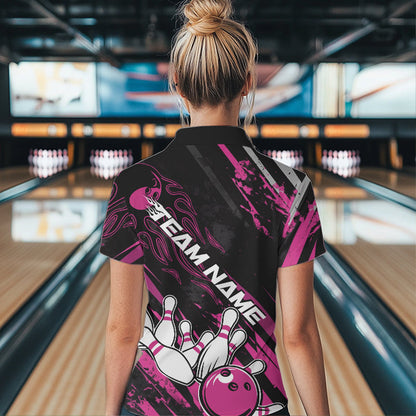 Grunge Black And Pink Custom Flame Bowling Team Womens Quarter-Zip Shirts, Bowling League IPHW8525