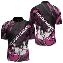 Load image into Gallery viewer, Grunge Black And Pink Custom Flame Bowling Team Quarter-Zip Shirts For Men, Bowling League Shirt IPHW8525