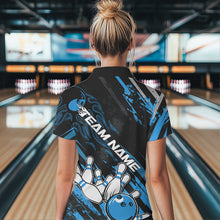 Load image into Gallery viewer, Grunge Black And Blue Custom Flame Bowling Team Polo Shirts For Women, Bowling League Shirt IPHW8526