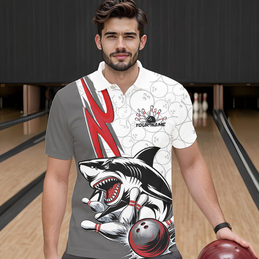Custom Red Shark Bowling Polo Shirts For Men, Shark Bowling Team Tournament Outfits IPHW8728