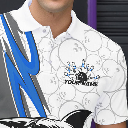 Custom Blue Shark Bowling Polo Shirts For Men, Shark Bowling Team Tournament Outfits IPHW8729