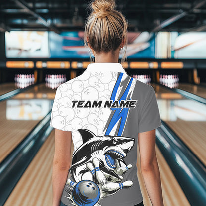 Custom Blue Shark Bowling Polo Shirts For Women, Shark Bowling Team Tournament Outfits IPHW8729