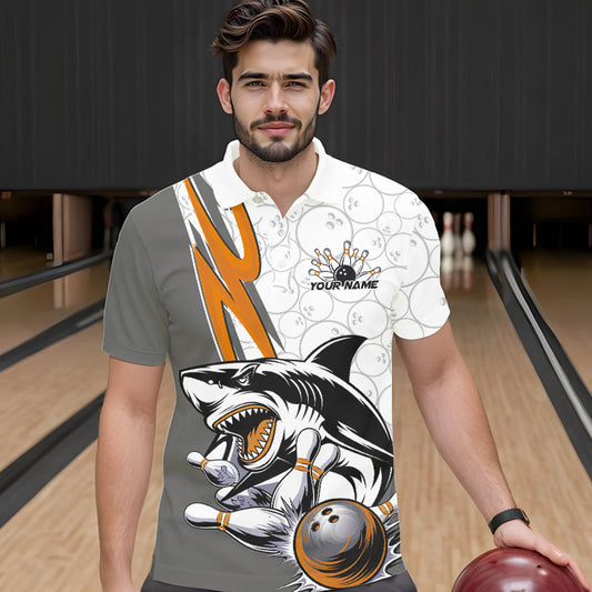 Custom Orange Shark Bowling Polo Shirts For Men, Shark Bowling Team Tournament Outfits IPHW8730