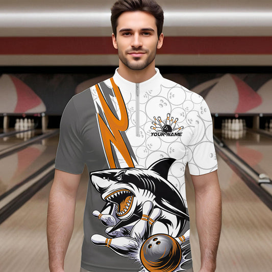 Custom Orange Shark Bowling Quarter-Zip Shirts For Men, Shark Bowling Team Tournament Outfits IPHW8730
