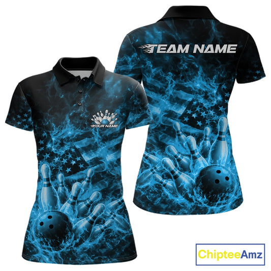 Front and back womens black and blue bowling polo featuring a bowling ball crashing through pins with flames and patriotic artwork.