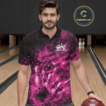 Load image into Gallery viewer, Custom Pink Fire Patriotic Bowling Men Polo Shirt, American Flag Flame Bowling Jersey IPHW11110
