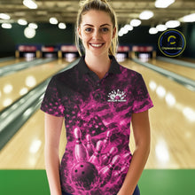Load image into Gallery viewer, Custom Pink Fire Patriotic Bowling Women Polo Shirt, American Flag Flame Bowling Jersey IPHW11110